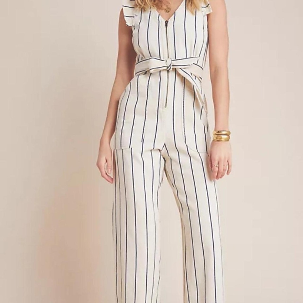 Anthropologie Hedda Jumpsuit White Blue Stripped Size 4 Women Summer Beach